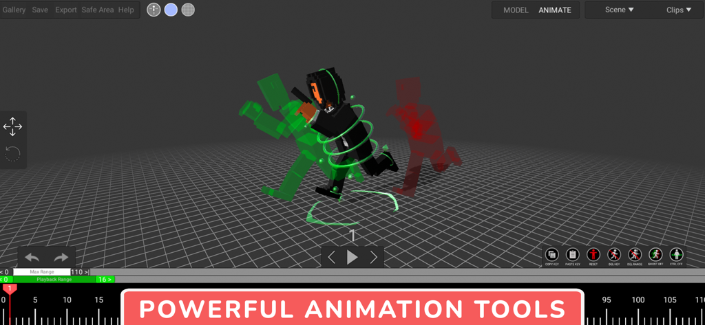 Animatoon-App-Oberfläche, die die 3D-Voxel-Charakteranimation mit Onion-Skinning-Werkzeugen und einer Zeitleiste zeigt