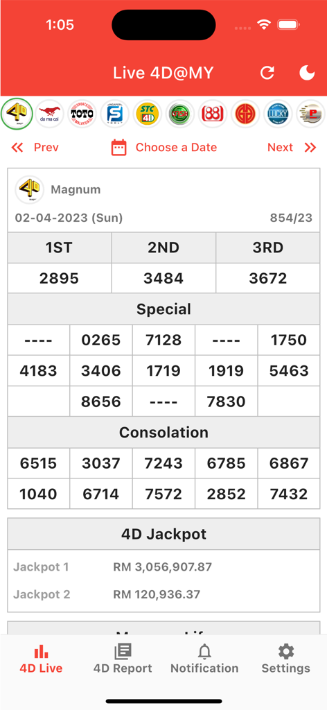 Live 4D@MY - Live 4D@MY mobile app interface displaying Magnum lottery winning numbers and jackpot status