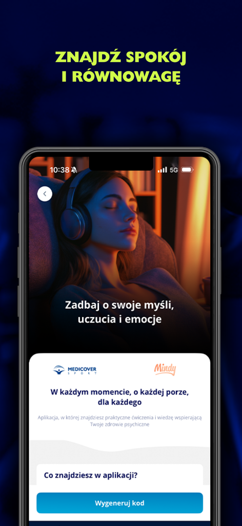 Schermata dell'app Medicover Sport che mostra le funzionalità di mindfulness e salute mentale con l'integrazione Mindy.