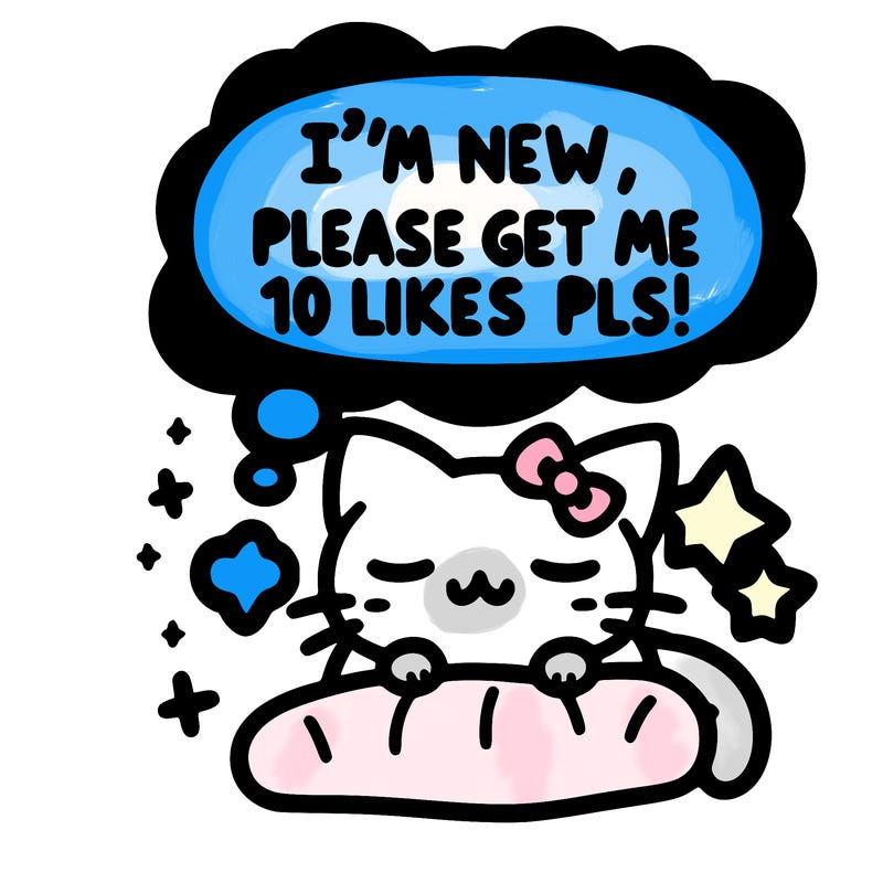 kitty taking a nap dream talking and saying "i'm new, please get me at least 10 likes pls!!"