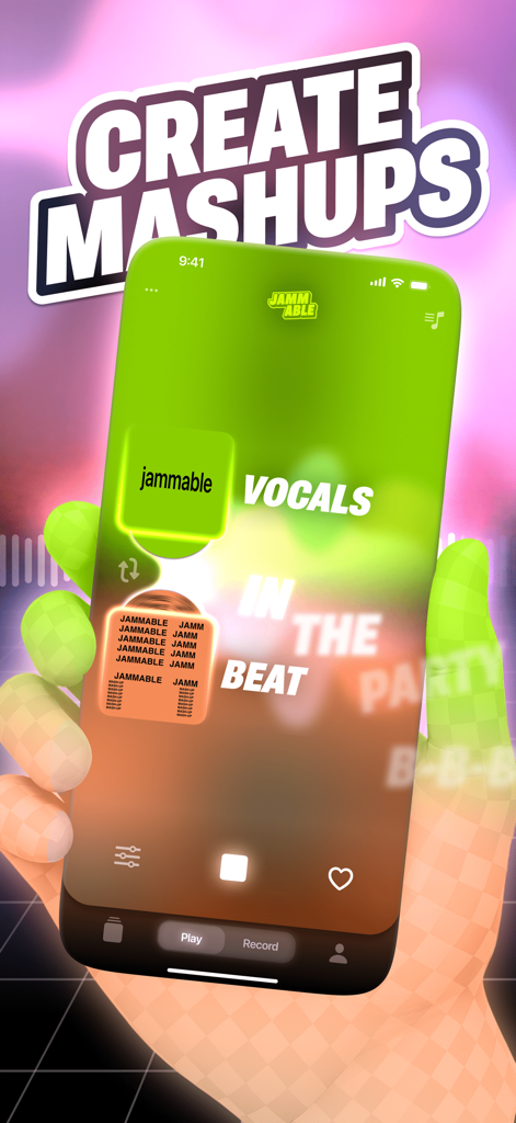 A person holding a phone showing the Jammable app interface for creating music mashups with vocals and beats