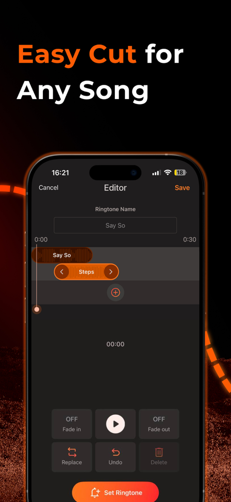 Interface of the Any Ringtones app audio editor showing a tool to trim and cut songs for custom ringtones