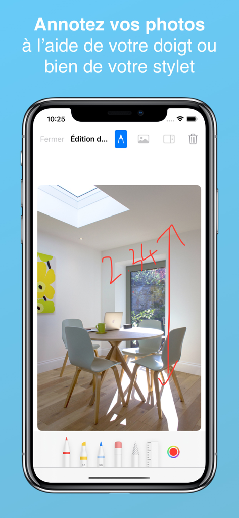 Écran de l'application PhotoReport montrant les annotations de photos de chantier avec des outils de dessin et de mesure