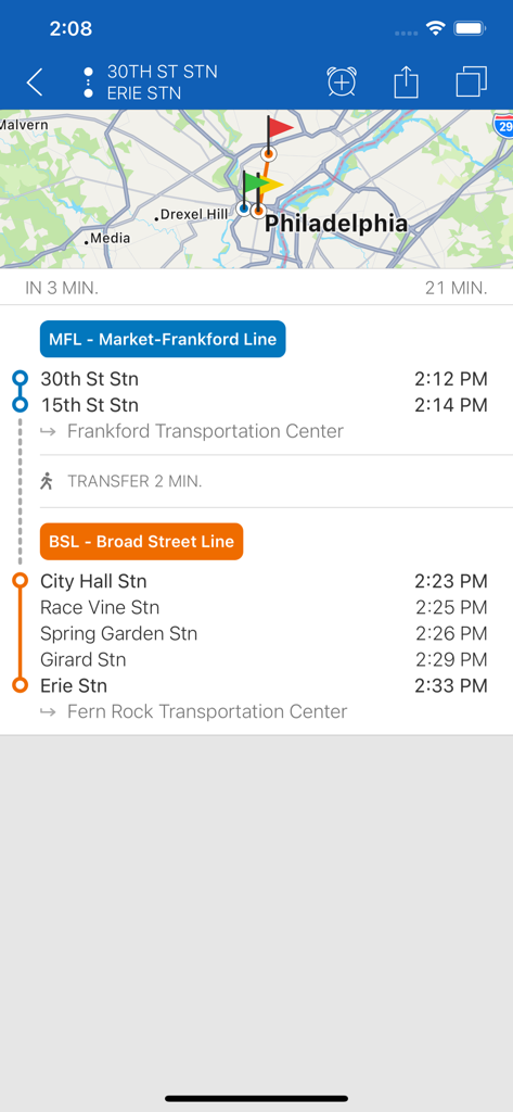 Itinerario de ruta del metro de Filadelfia con mapa y horarios de estaciones