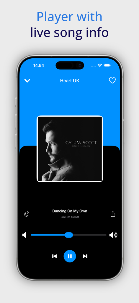 UK Radio Stations Live app player screen showing Heart UK station with live song information