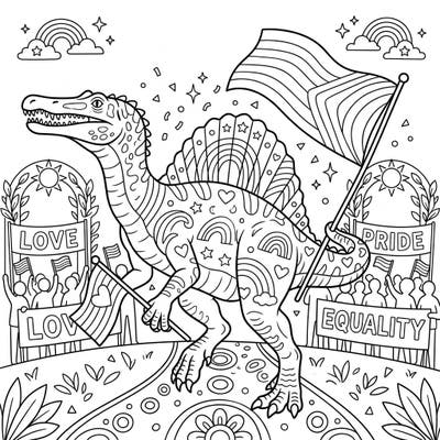 Unleash your creativity with this vibrant Spinosaurus coloring page, celebrating Pride Month with dazzling rainbows and symbols of love. Designed for kids, it offers a perfect blend of fun and learning about diversity and acceptance.