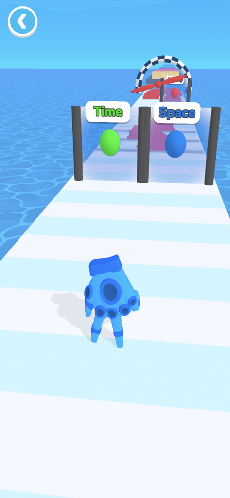 A blue power glove in a runner game approaching gates to choose between Time and Space gems