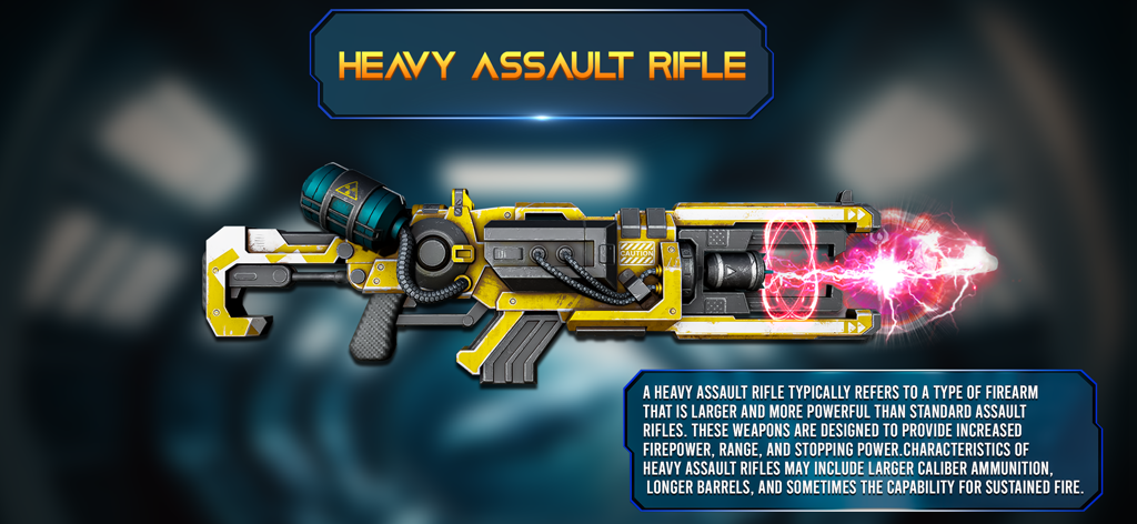 Gun Sound Simulator - Fake Gun - A futuristic yellow heavy assault rifle firing pink energy in a weapon simulation app