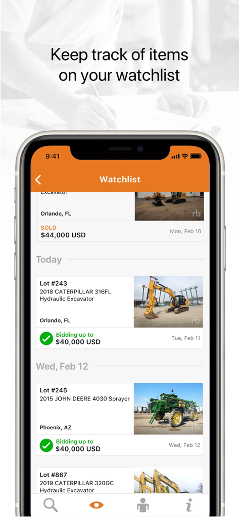 Ritchie Bros. - Ritchie Bros mobile app watchlist showing heavy machinery and bidding status