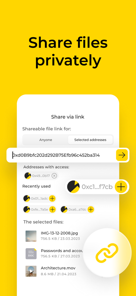 DeNet Storage & Watcher Node - Interface of the DeNet Storage app showing options to share files privately via links and specific addresses.