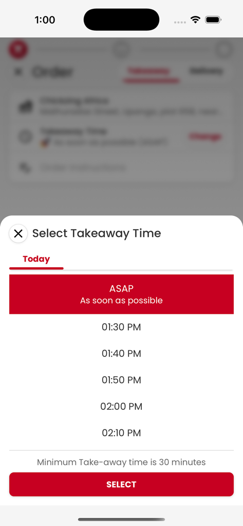 Chick Zing - Pantalla móvil para seleccionar una hora de recogida en la aplicación Chick Zing