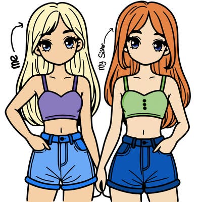 two sisters with crop tops and jean shorts and straight hair