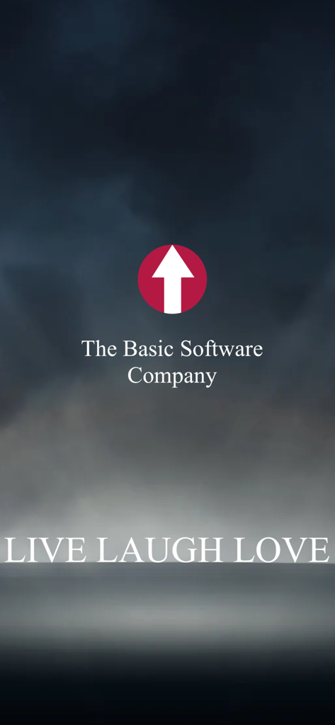 SwiftCall: Auto Dialer & CRM - Splash screen of The Basic Software Company featuring a red arrow logo and the text Live Laugh Love