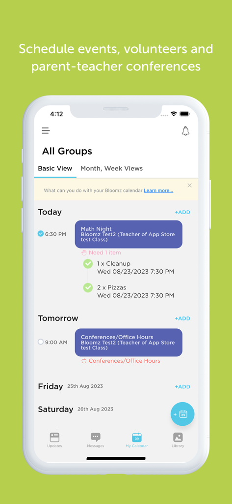 Bloomz app interface showing a calendar with school events volunteer signups and parent teacher conference schedules
