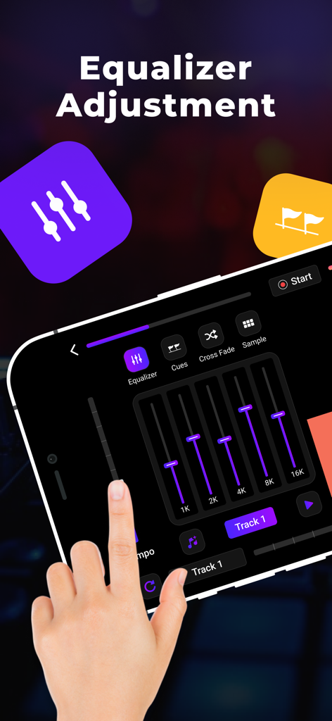DJ Mixer - AI Vocal Remover - Equalizer adjustment interface with frequency sliders in the DJ Mixer app