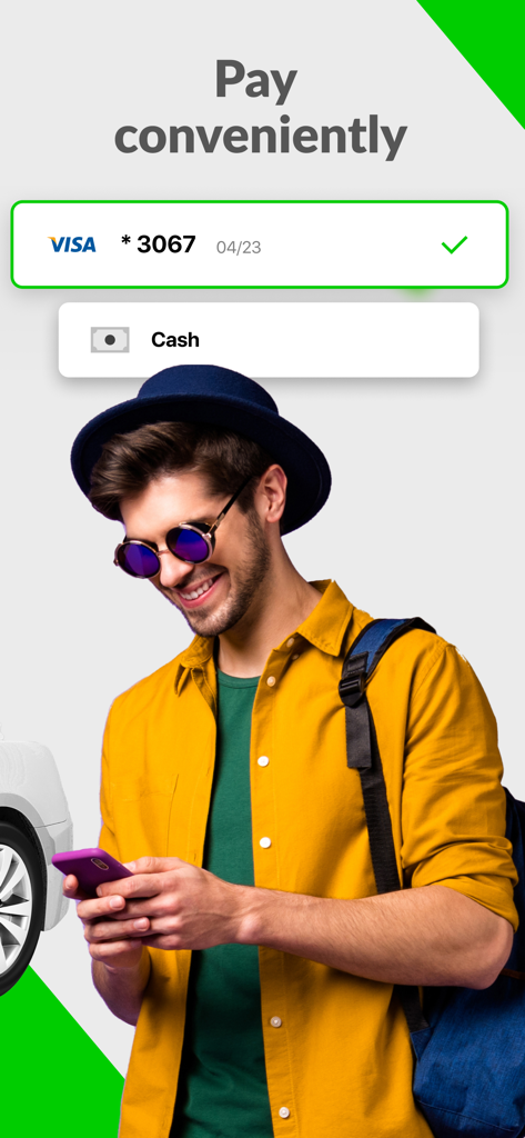 TO-MI: Taxi Czech Republic - Un viajero utilizando la aplicación de taxi TO-MI que muestra métodos de pago como tarjeta Visa y efectivo