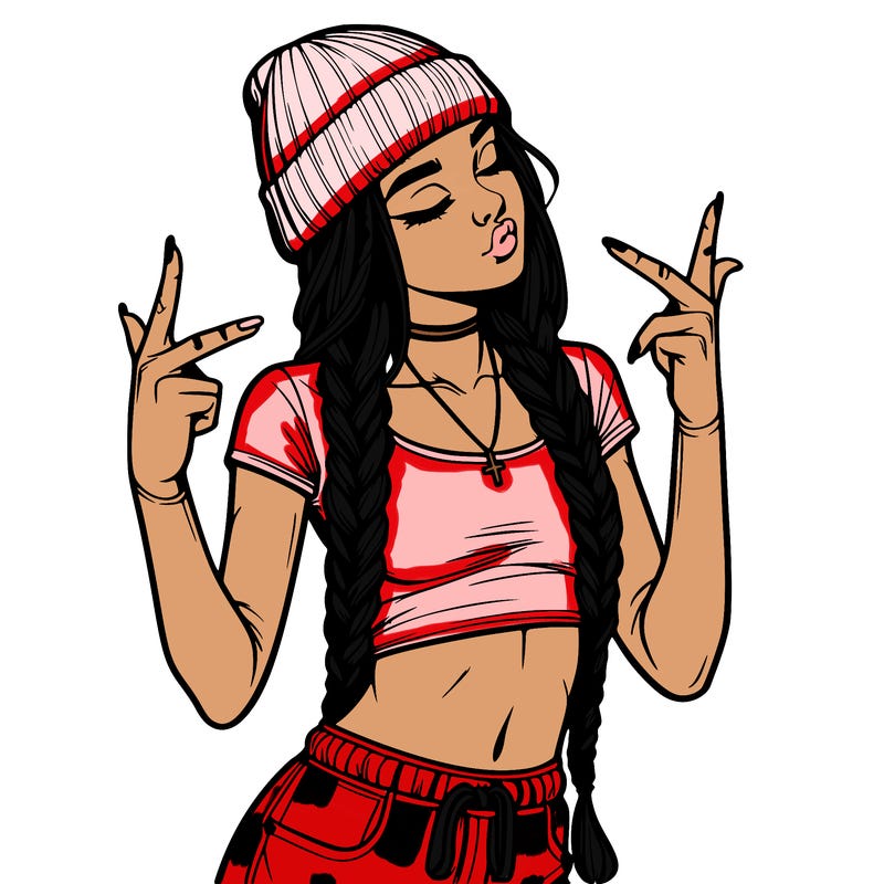 realistic teenage girl with braids and a beanie and crop top doing 🫶🏼