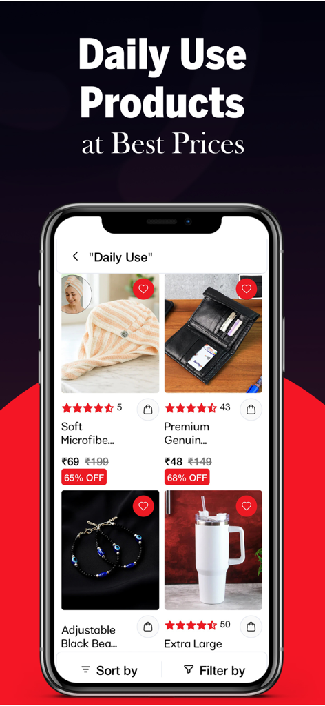 DeoDap DropShipping Wholesale - Interface do aplicativo móvel DeoDap mostrando produtos de uso diário, como toalhas e carteiras, a preços de atacado para dropshipping