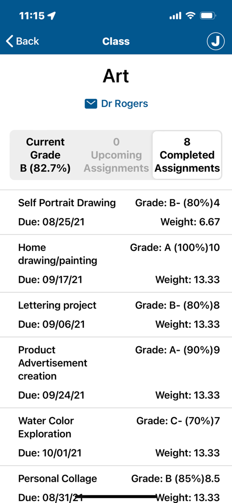 Detailed list of assignments and current grade for an art class in the Gradelink student app
