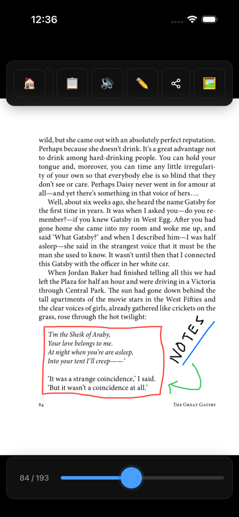 Flippyアプリのスクリーンショット。カラフルな手書きと描画のアノテーションが付いたPDFが表示されています。