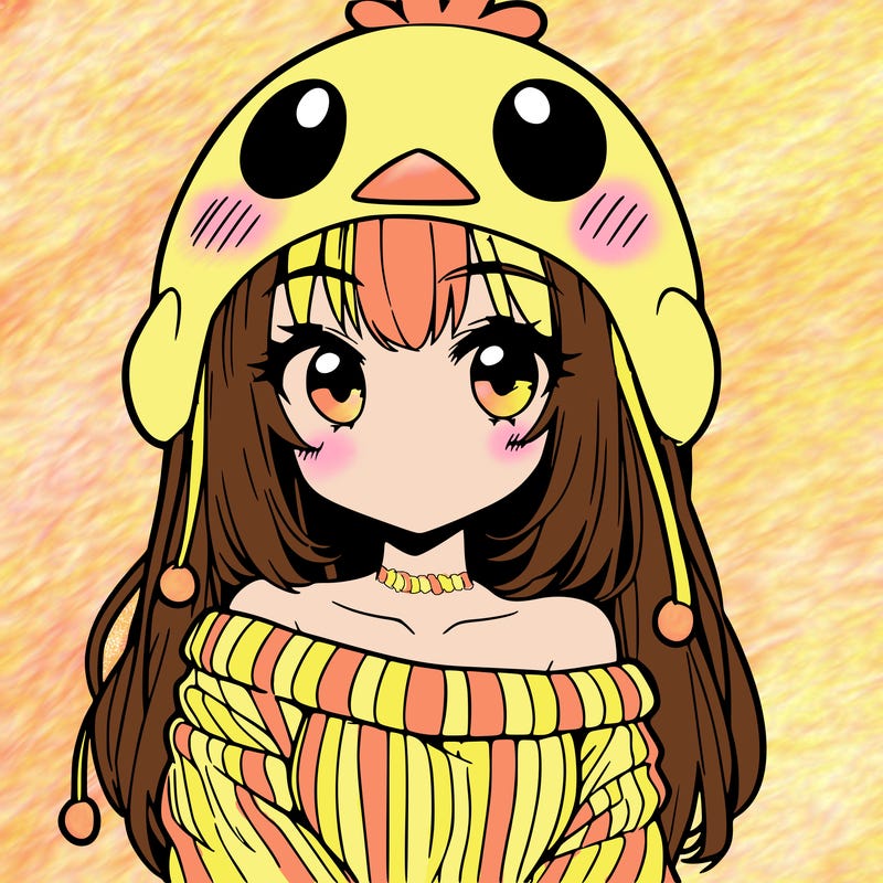 anime girl with chick shaped hat with sweater with bare shoulders with bangs covering them one eye with low tail