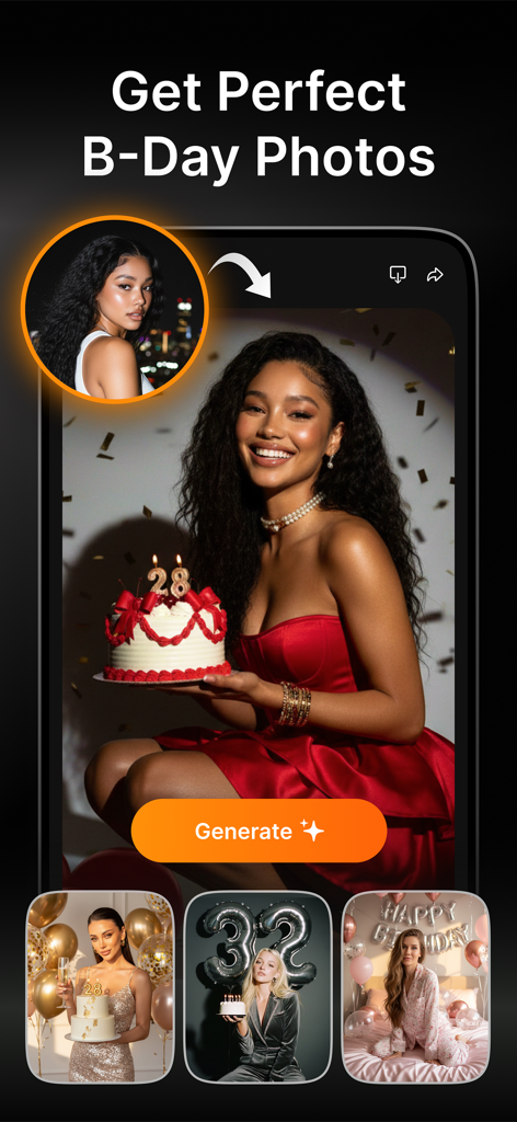 AI Image Generator FARBA Art - A mobile interface showing the FARBA Art app generating professional birthday photos from a selfie