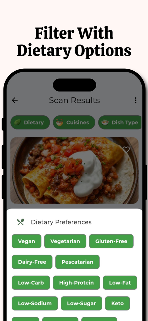 Dishify: AI Recipe Generator - Dishify app screen showing dietary preference filters for AI generated recipes.