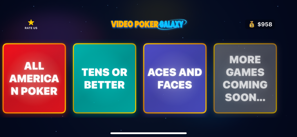 Menú de selección de Video Poker Galaxy que presenta los modos de juego All American Poker Tens or Better y Aces and Faces