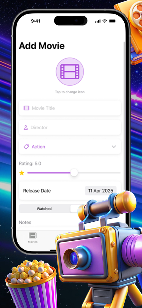 Écran de l'application mobile pour ajouter un film avec des champs pour le titre, le réalisateur, la note et la date de sortie