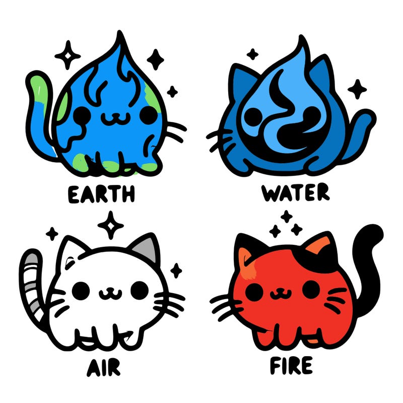 4 cats that represent the different elements, earth, water, air, and fire