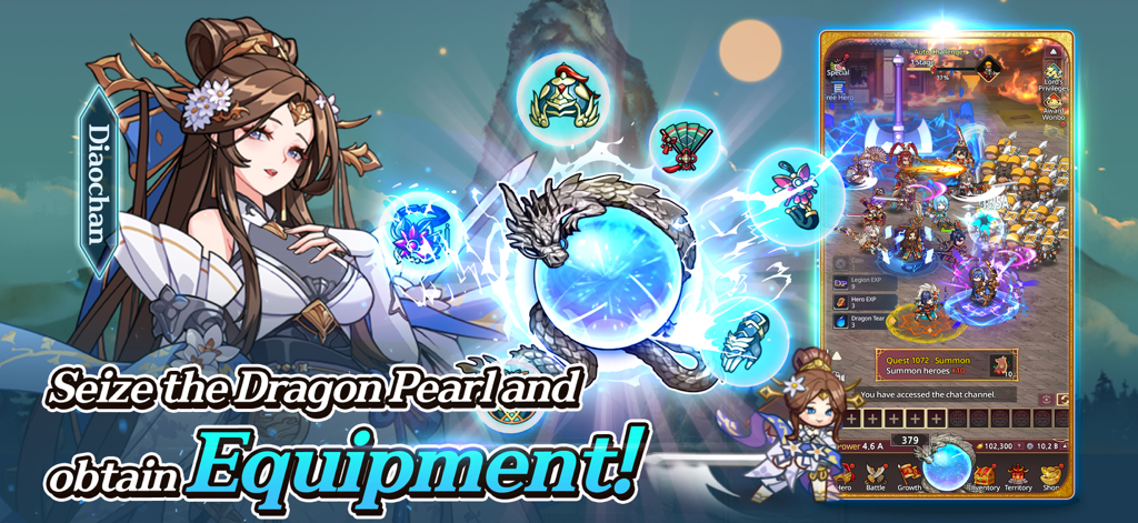 Illustration du personnage Diaochan avec la Perle du Dragon et des récompenses d'équipement dans le jeu Three Kingdoms All-Star Idle.