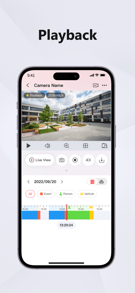 색상으로 구분된 타임라인과 건물의 마당 녹화 보안 영상을 보여주는 Hik-Connect 앱의 비디오 재생 기능 모바일 인터페이스