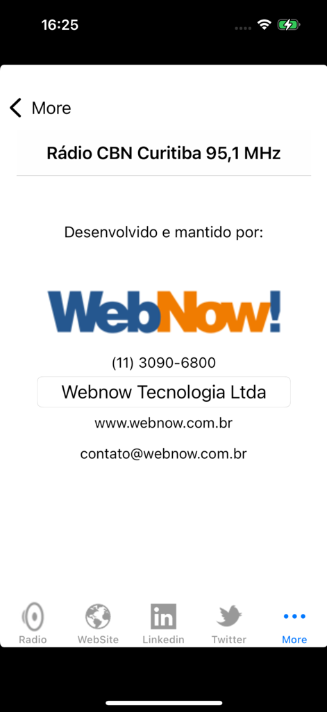 Rádio CBN Curitiba - Pantalla de información de la aplicación Radio CBN Curitiba con el desarrollador WebNow y detalles de contacto