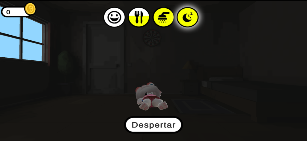 Creepy Maria cat character lying on the floor in a dark bedroom with interaction icons