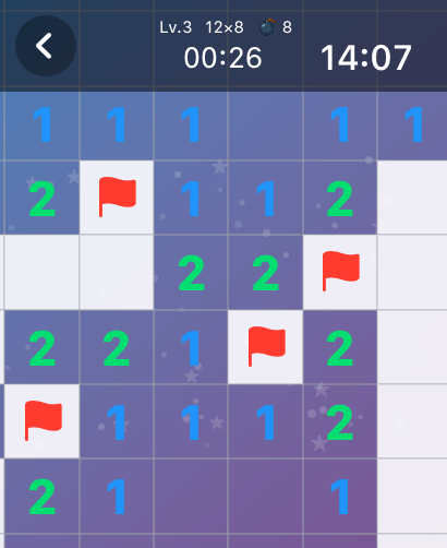 MineSweeper Blast: Watch game - Minesweeper Blast gameplay on Apple Watch showing a grid with flags and numbers