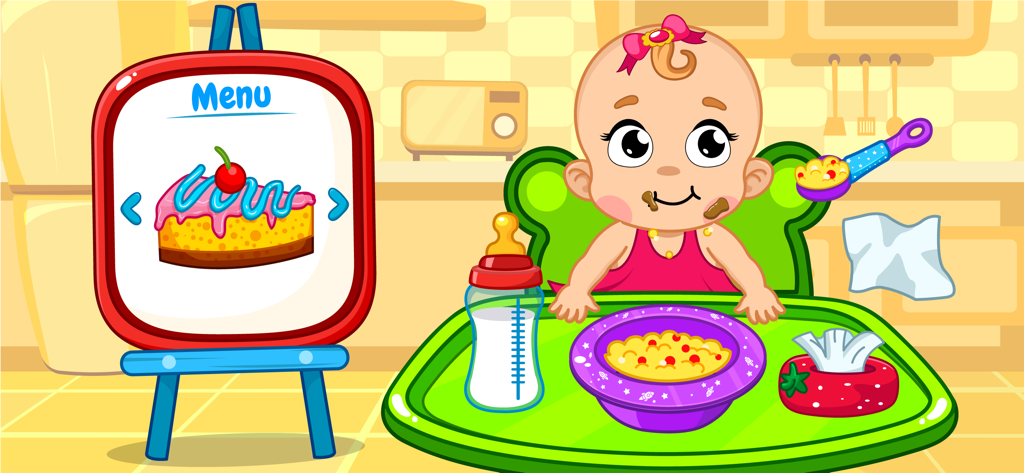 Baby Care Games for Kids 3,4,5 - Un bebé de dibujos animados sentado en una trona siendo alimentado con cereal y un menú que muestra opciones de comida.
