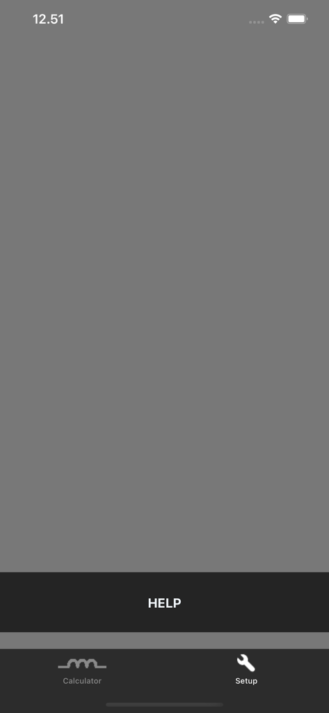 Screenshot der Benutzeroberfläche der InductorCalc-App mit der Hilfeseite und der unteren Navigationsleiste mit Optionen für Rechner und Einstellungen.