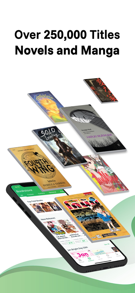 Meb : หนังสือดี นิยายดัง - A smartphone showing the Meb app bookstore interface with floating book covers including novels and manga