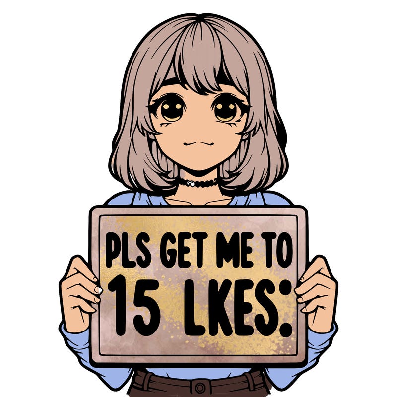 realistic girl holding up a sign that says “pls get me to 15 likes!”