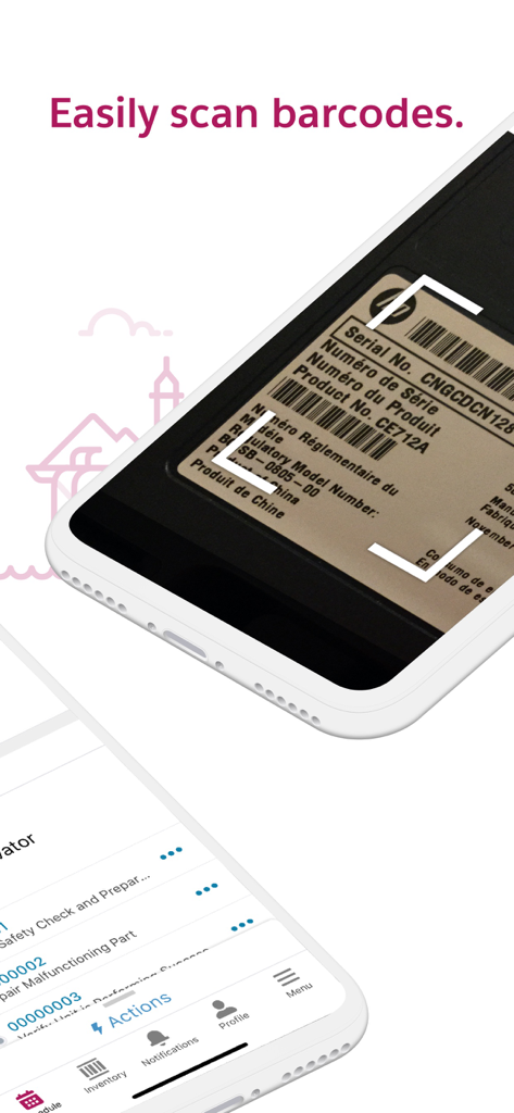 スマートフォンのカメラによるバーコードスキャン機能を表示する Salesforce Field Service アプリのインターフェース