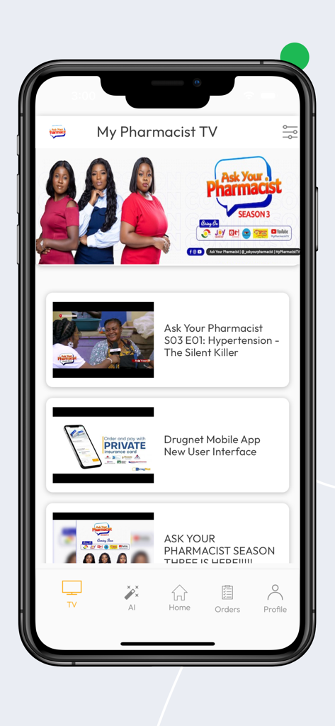 DrugNet app screen showing the My Pharmacist TV section with health education videos