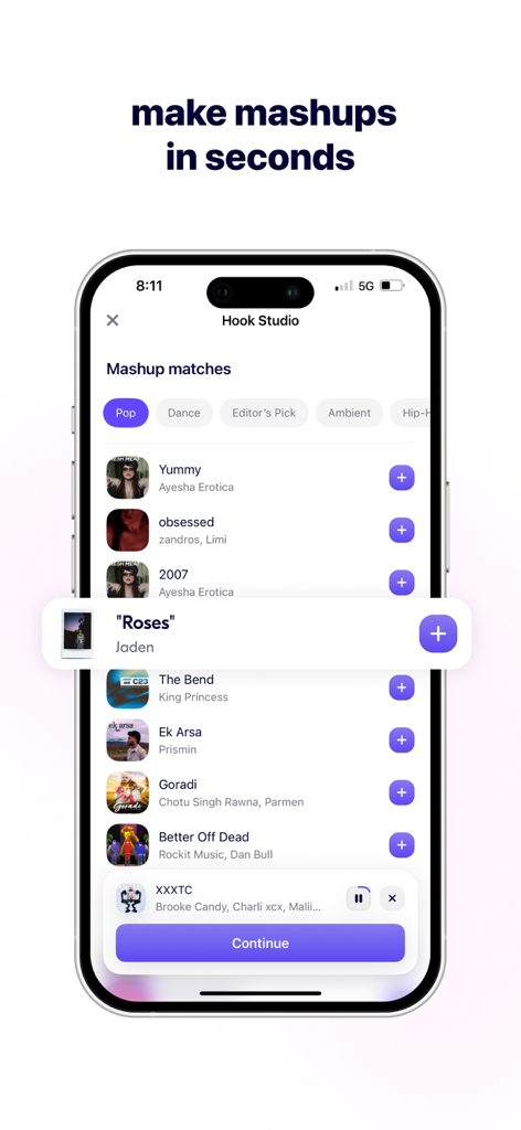 Hook app interface showing Mashup matches and song selection to make mashups in seconds.