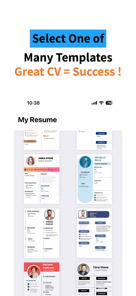 A grid of professional resume templates in the ResuME Maker app