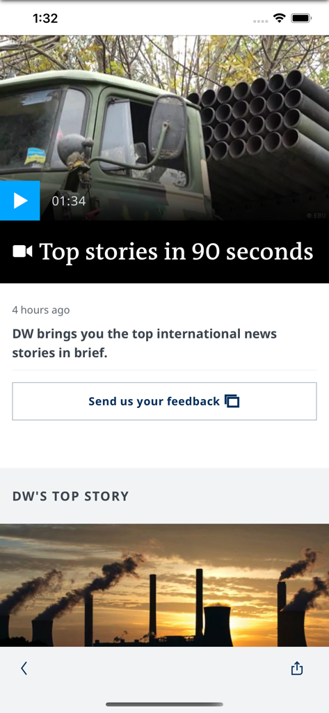 Screenshot of the DW news app featuring a video summary of top stories and a global news article.