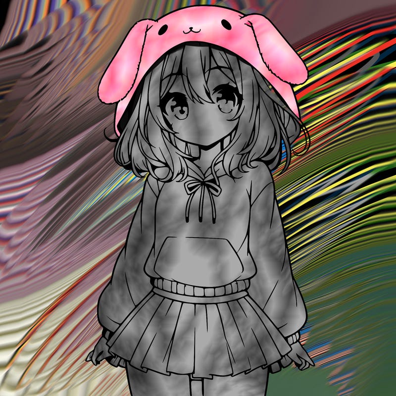 pretty anime girl wearing a fluffy hoodie with bunny ears on the hood and a skirt