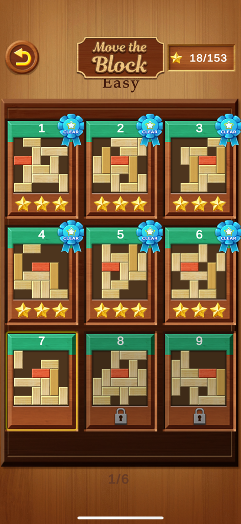 Block Escape : Unblock Sliding - Level selection menu in Block Escape showing a grid of solved and locked wooden block puzzles with stars and clear ribbons