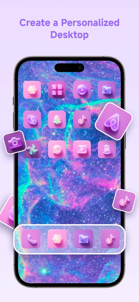 Themes: Wallpaper & Widgets - 紫色の銀河の壁紙とマッチするカスタムアプリアイコンを備えたiPhoneのホーム画面