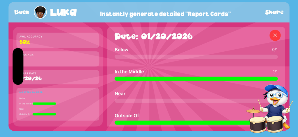 Preposition Remix 앱에서 학생의 정확도와 공간 전치사에 대한 진행 상황 추적을 표시하는 보고서 카드 화면.