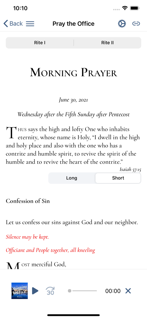 Forward Day by Day - Morning Prayer screen in the Forward Day by Day app featuring liturgy text and an integrated audio player.