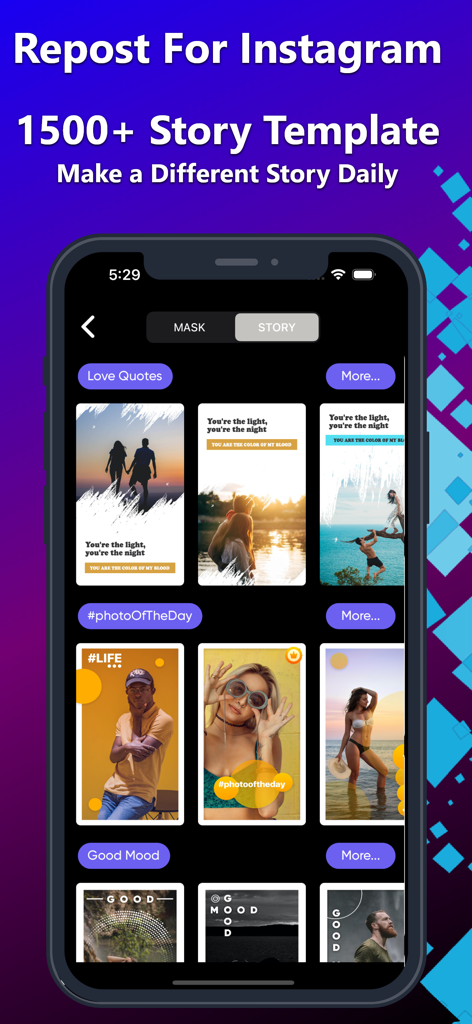 InstaSave : IG Reels Stories - InstaSave app interface displaying a gallery of creative Instagram Story templates under categories like Love Quotes and Photo of the Day.